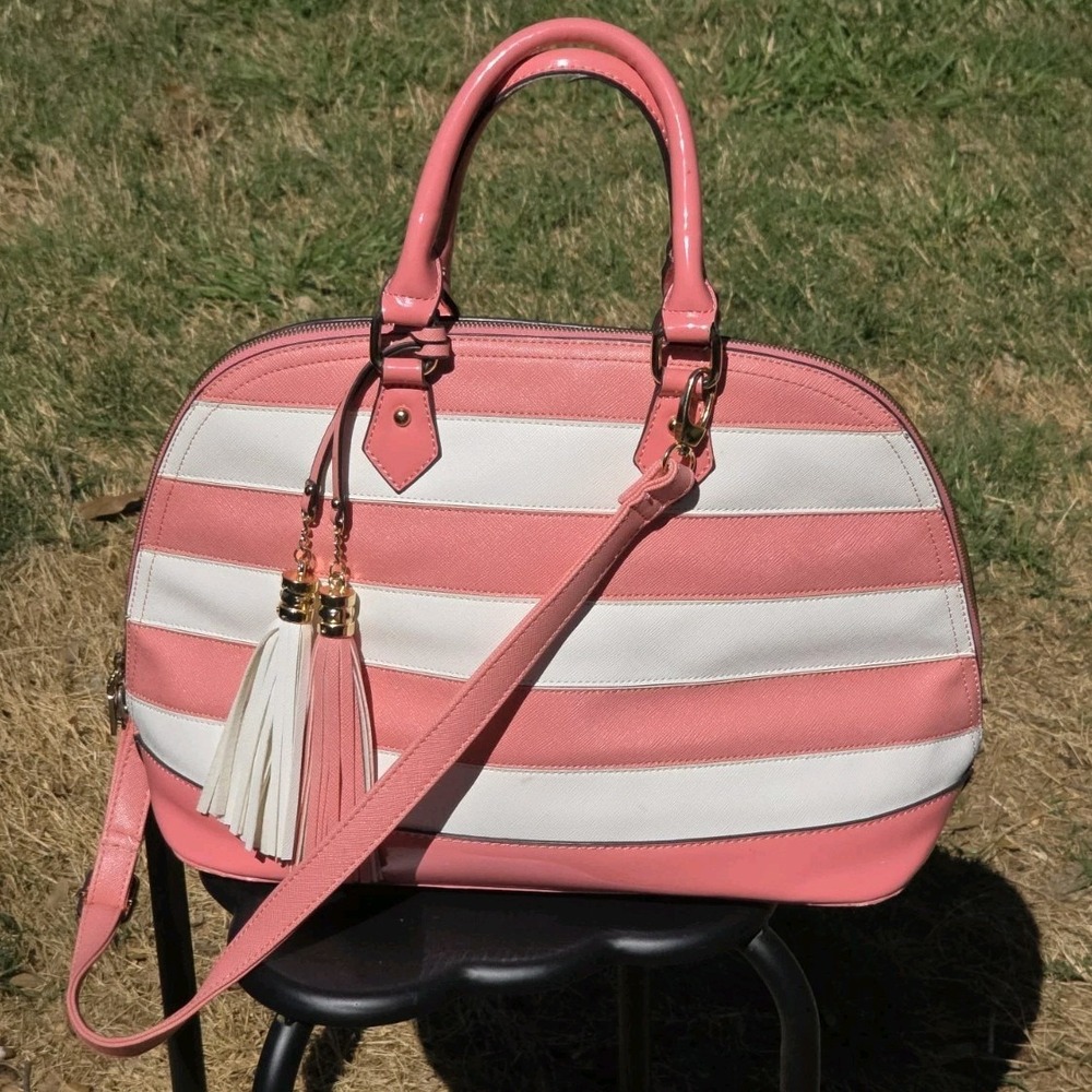 Pink White Striped Dome Satchel Bag Tassel Gold Hardware Crossbody
